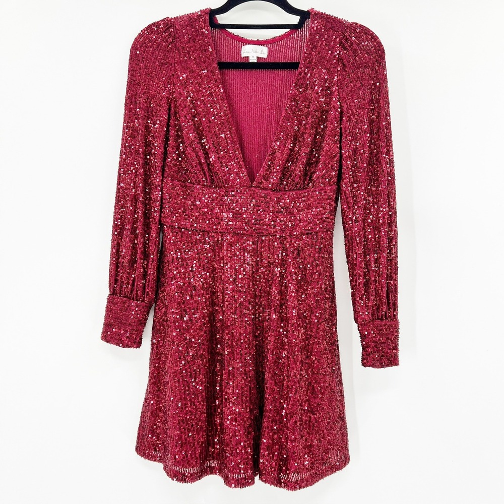 Love‎ Nickie Lew Sequin Dress Womens M Burgundy Good V-Neck Long Sleeve Mini